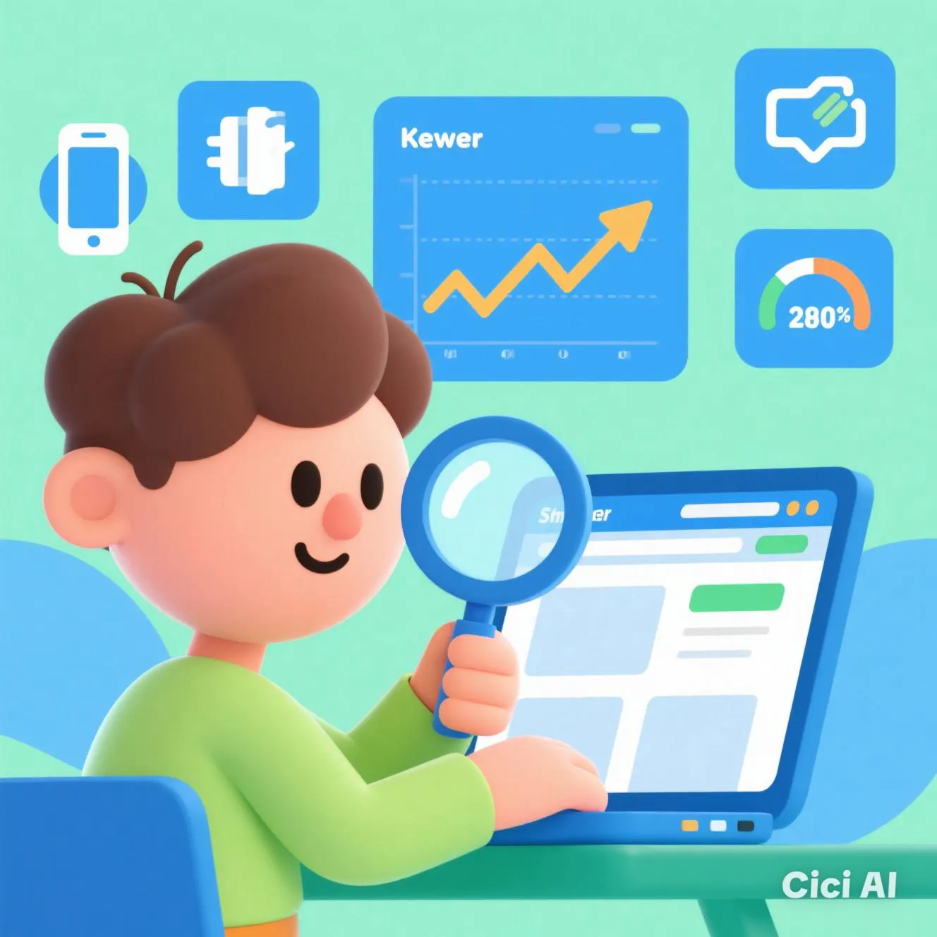 Ilustración de un personaje de caricatura analizando un sitio web con una lupa, rodeado de elementos visuales que representan la optimización SEO, como gráficos de crecimiento, iconos de dispositivos móviles y herramientas de análisis.