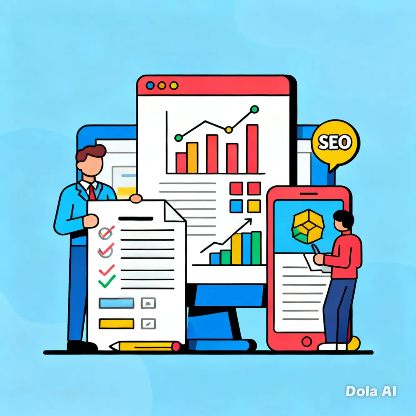 Icono de caricatura de una persona con gafa, con laptop en la mano y gráficos de análisis SEO flotando a su alrededor