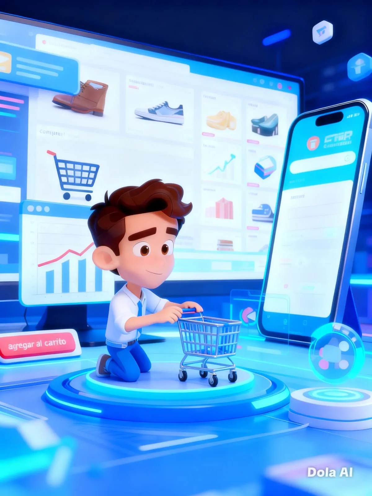 Ilustración 3D de un joven interactuando con una tienda en línea a través de una tablet y un carrito de compras, destacando la facilidad de uso y el diseño moderno.