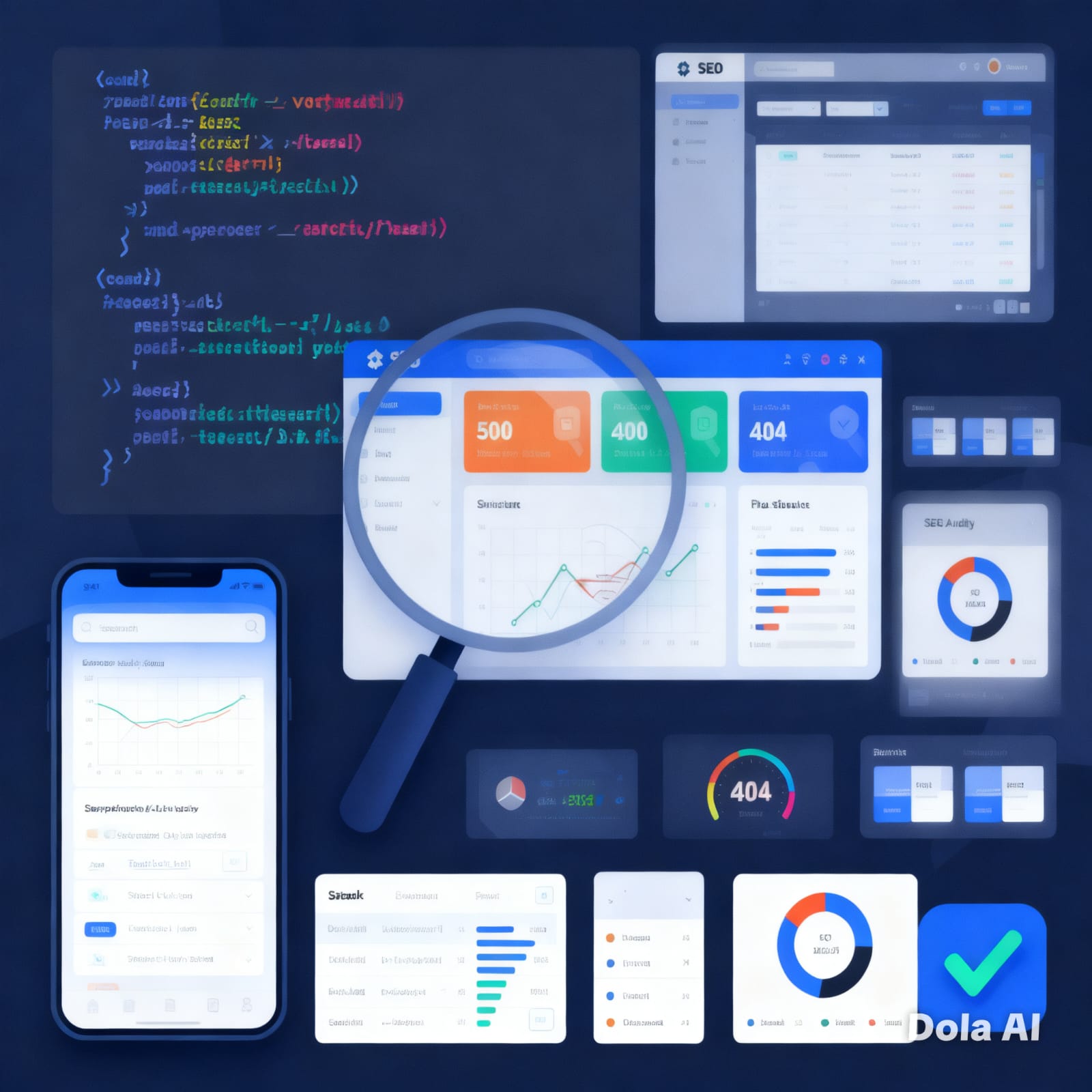 Icono con diseño moderno que representa una auditoría SEO: lupa sobre gráficos y datos, simbolizando el análisis exhaustivo de un sitio web para mejorar su posicionamiento.