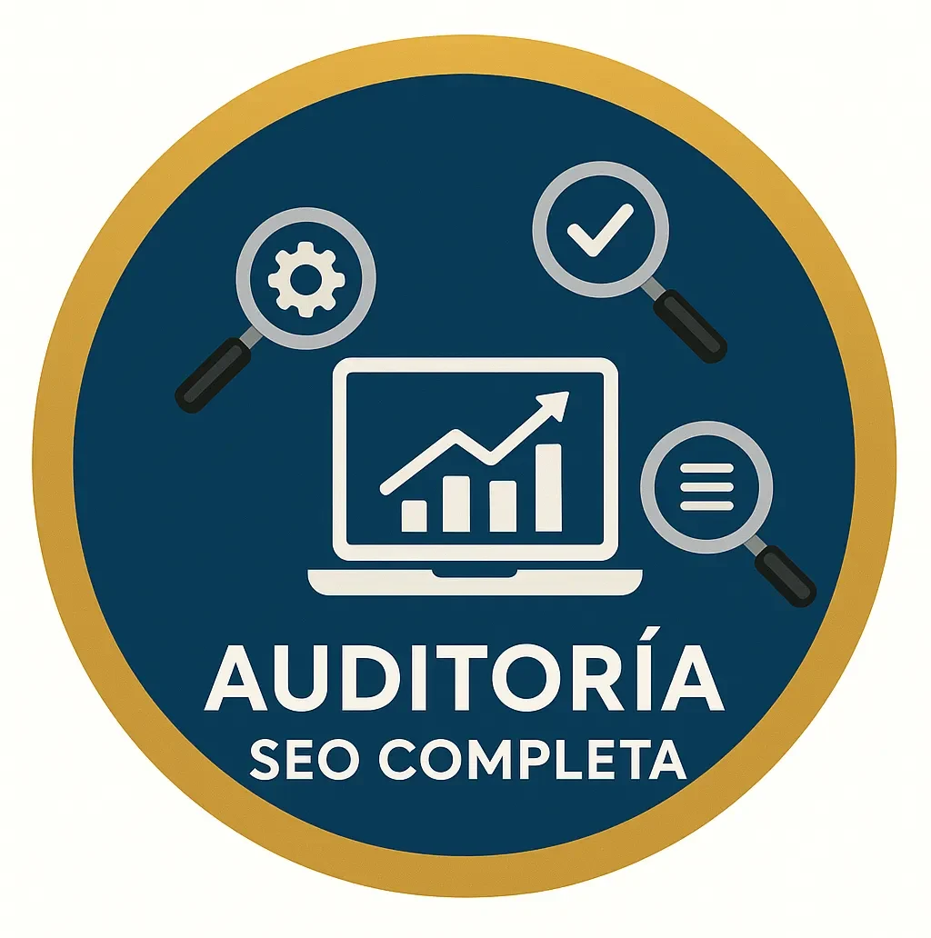 Ilustración vectorial de una auditoría SEO completa, con un ícono de laptop mostrando gráficos ascendentes y varias lupas alrededor que resaltan engranes, checklists y documentos, representando el análisis integral de un sitio web.