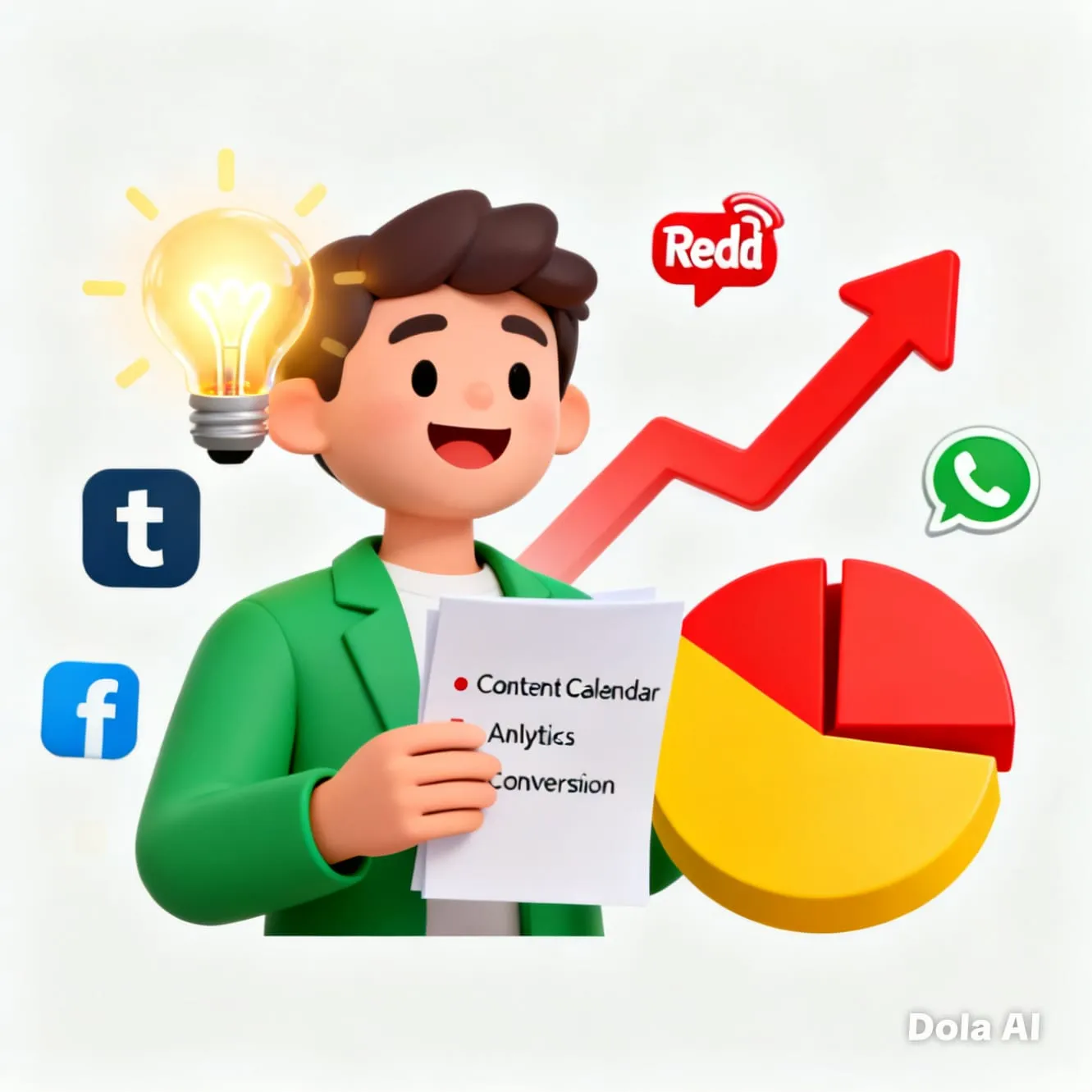 Caricatura que representa estrategias de contenido con un personaje sosteniendo un calendario editorial, analíticas de redes sociales y un gráfico de crecimiento. Incluye iconos de Facebook, Twitter, WhatsApp y Reddit.