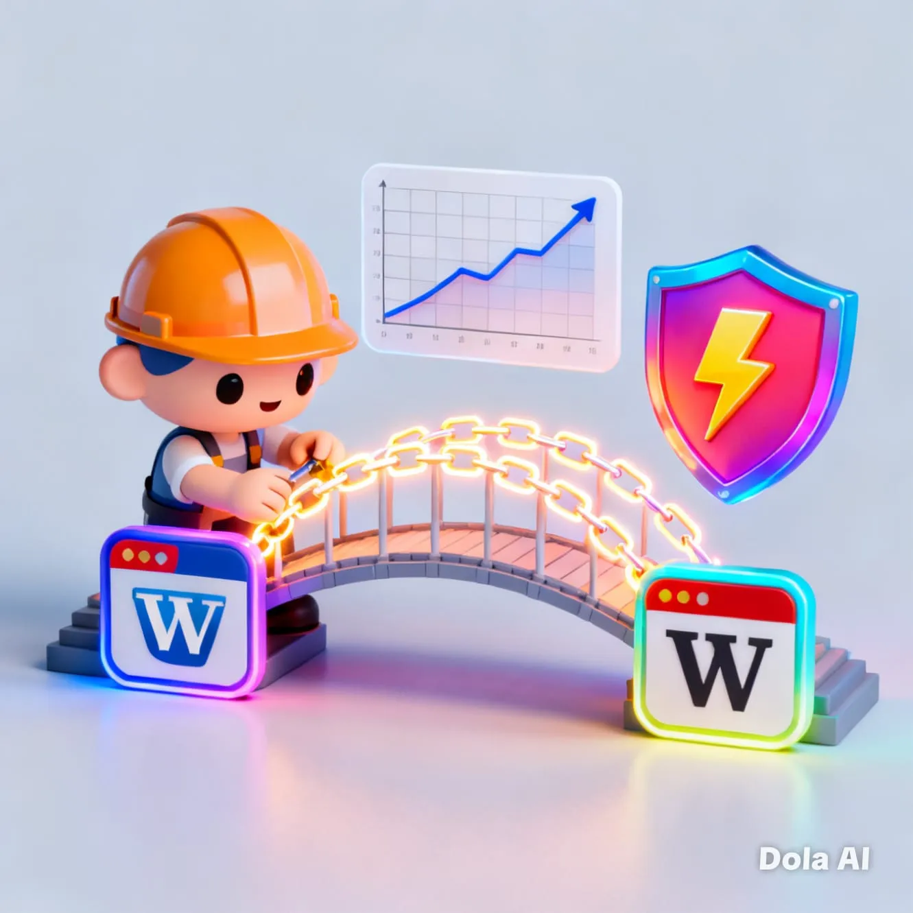 Caricatura que representa el link building con un constructor uniendo enlaces entre dos sitios web (icono de WordPress), simbolizando el aumento de autoridad y un escudo de protección SEO.