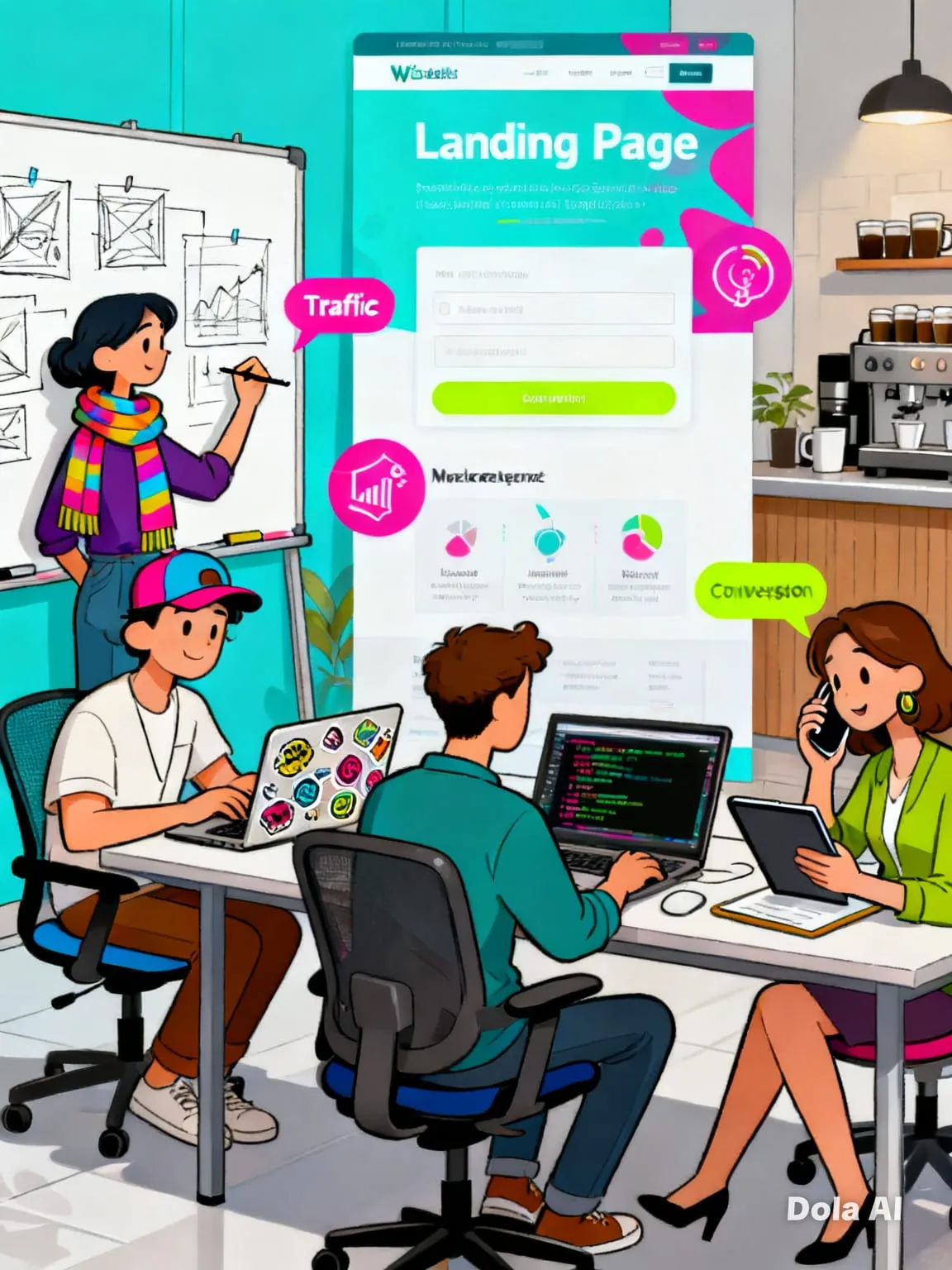 Ilustración de equipo trabajando en página de servicios.