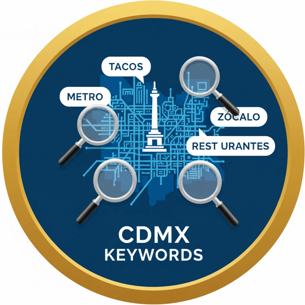 Ilustración de la Ciudad de México con un mapa de fondo, lupas resaltando palabras clave como Tacos, Metro, Zócalo y Restaurantes, representando la investigación de keywords para CDMX.