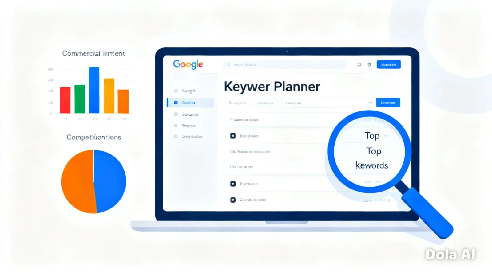 Icono que muestra una laptop con la herramienta Google Keywer Planner, enfocada en la investigación de palabras clave con intención comercial. Se ven gráficos de intención comercial y competencia, con una lupa resaltando las "Top Keywords".