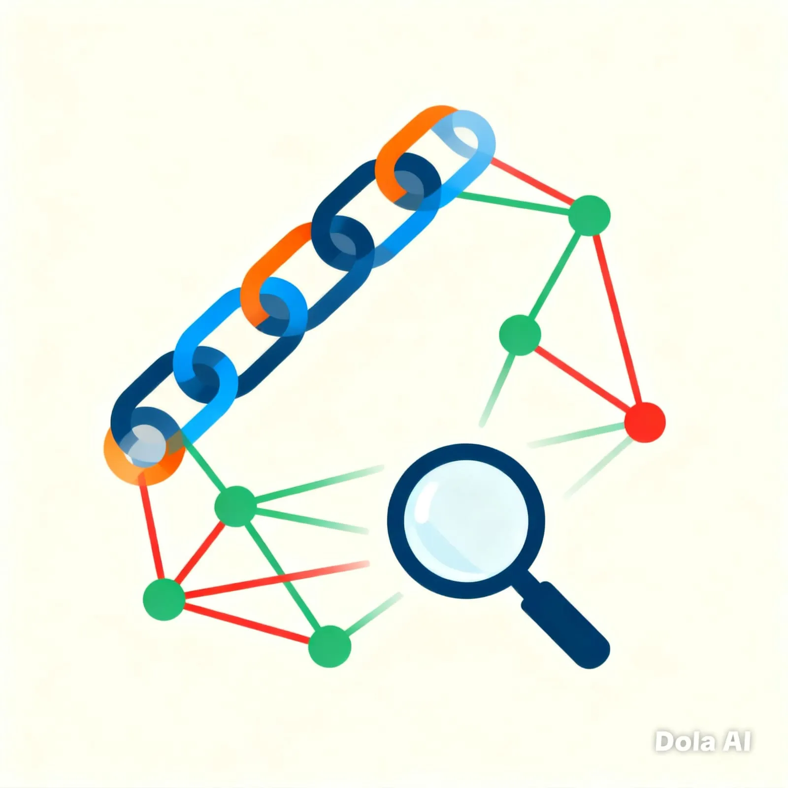 Icono que representa una cadena conectada a una red de nodos, con una lupa enfocando la conexión. Simboliza la construcción estratégica de enlaces para mejorar la visibilidad y autoridad de un sitio web.