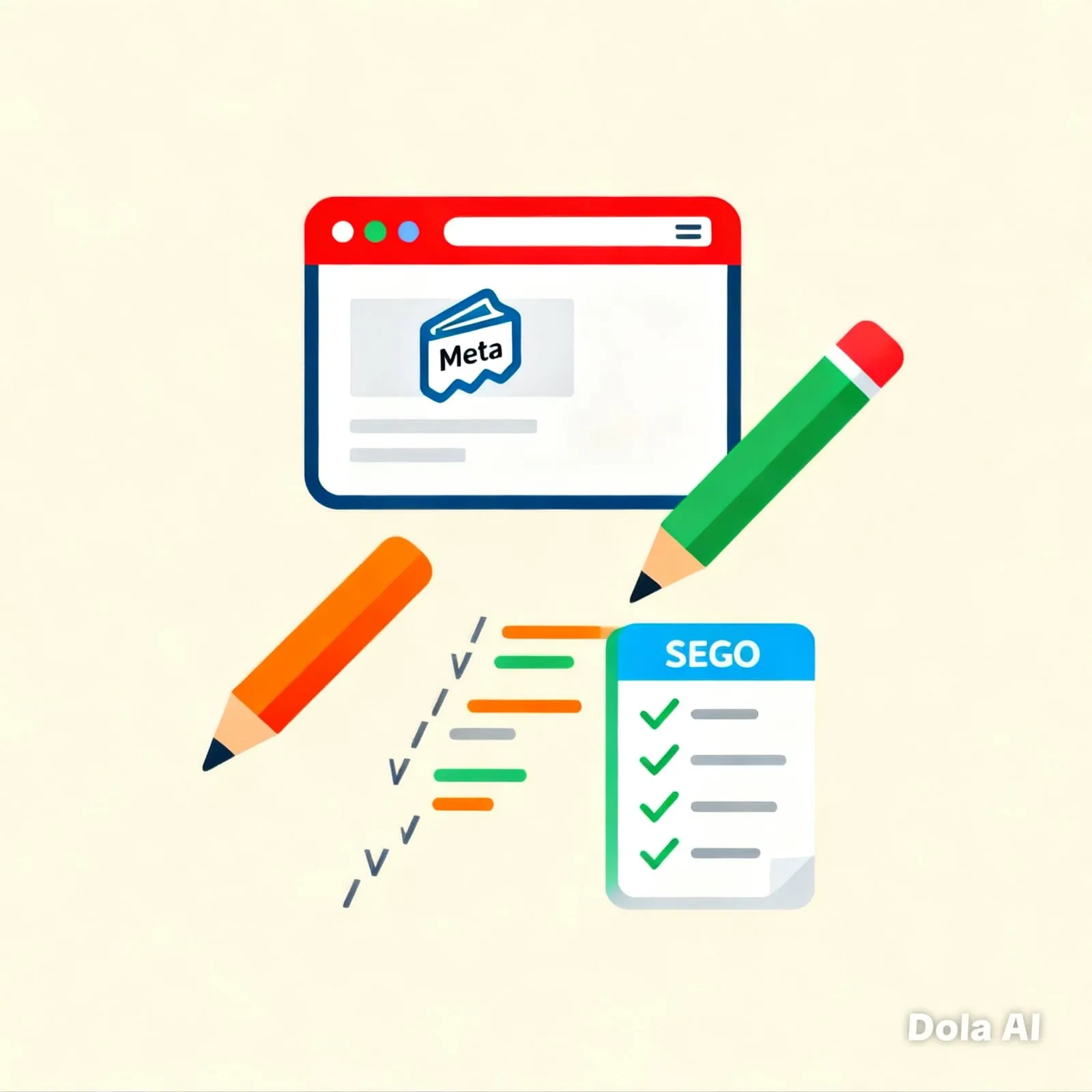 Icono que representa la optimización On-Page con elementos como una página web con la etiqueta "Meta", lápices corrigiendo y una lista de verificación SEO. Simboliza la mejora del contenido y la estructura interna de un sitio web.