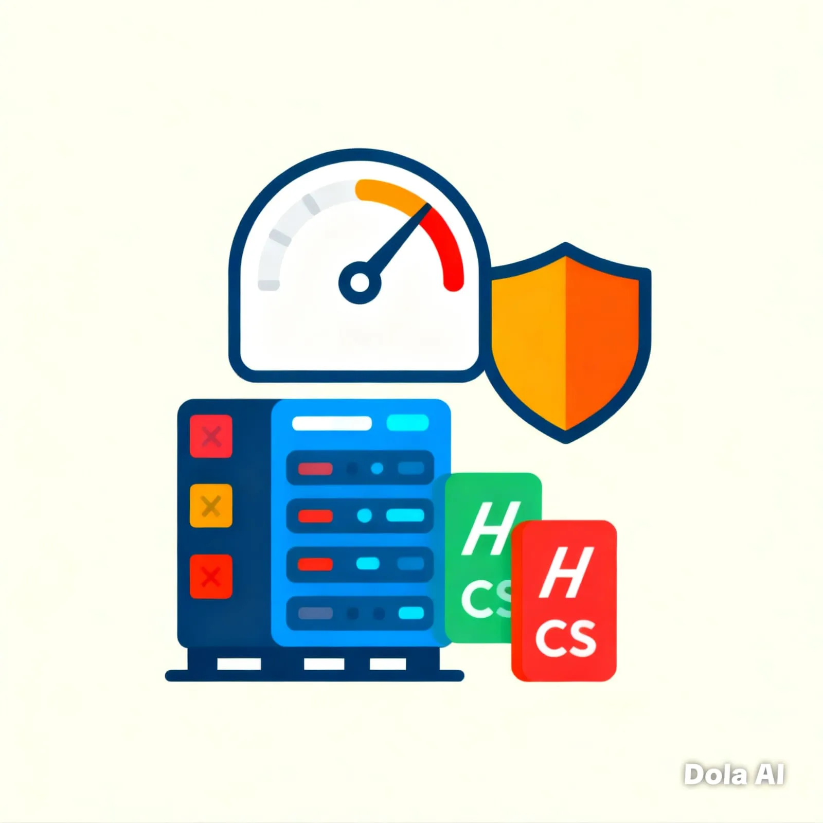 Icono que representa la optimización técnica de un sitio web, con un medidor de velocidad, un escudo de seguridad y un servidor con indicadores de estado, simbolizando mejoras en rendimiento, seguridad y eficiencia.