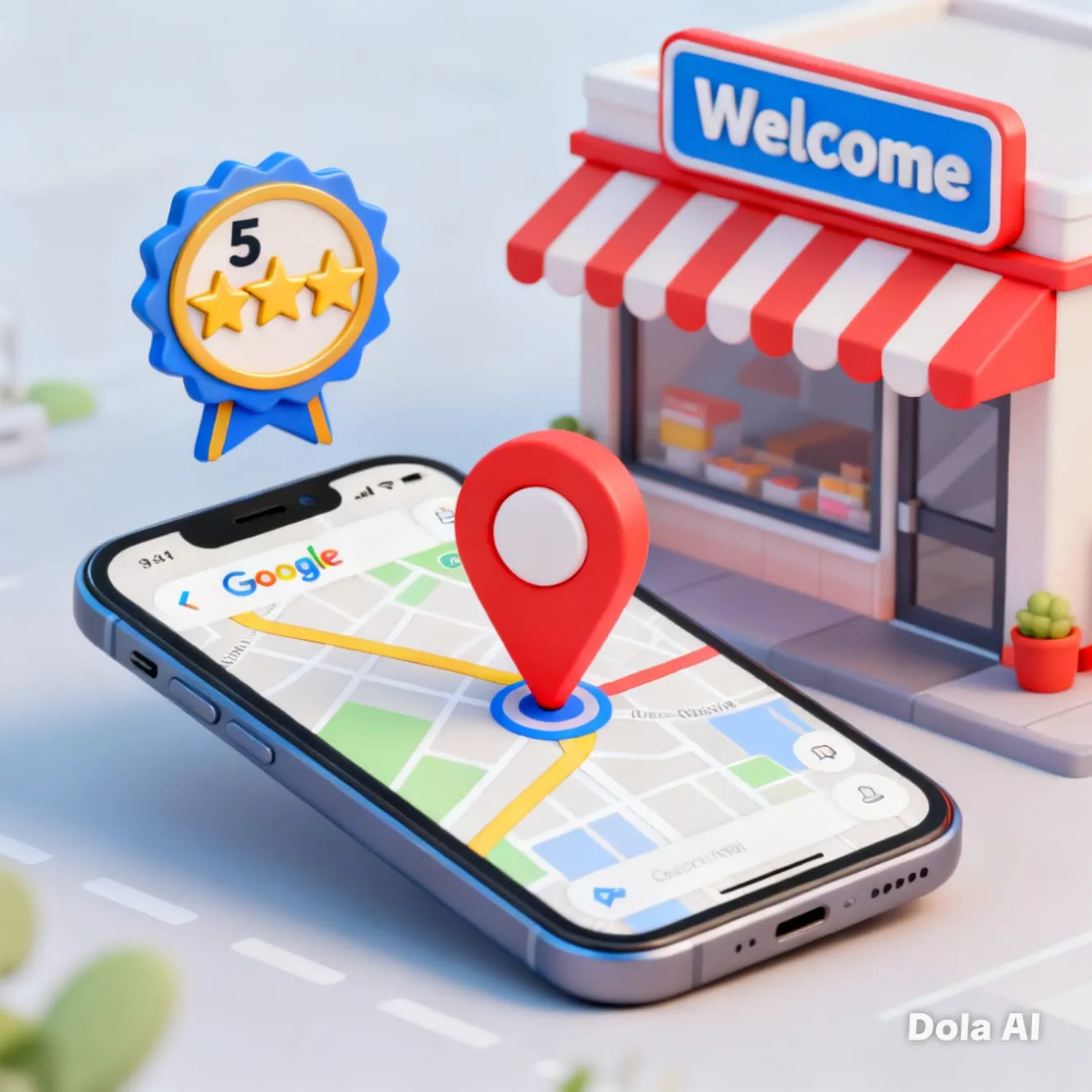 Imagen 3D de smartphone mostrando mapa con marcador de ubicación y reseña de 5 estrellas, junto a fachada de tienda con letrero "Welcome", representando la importancia de Google My Business para el SEO local.