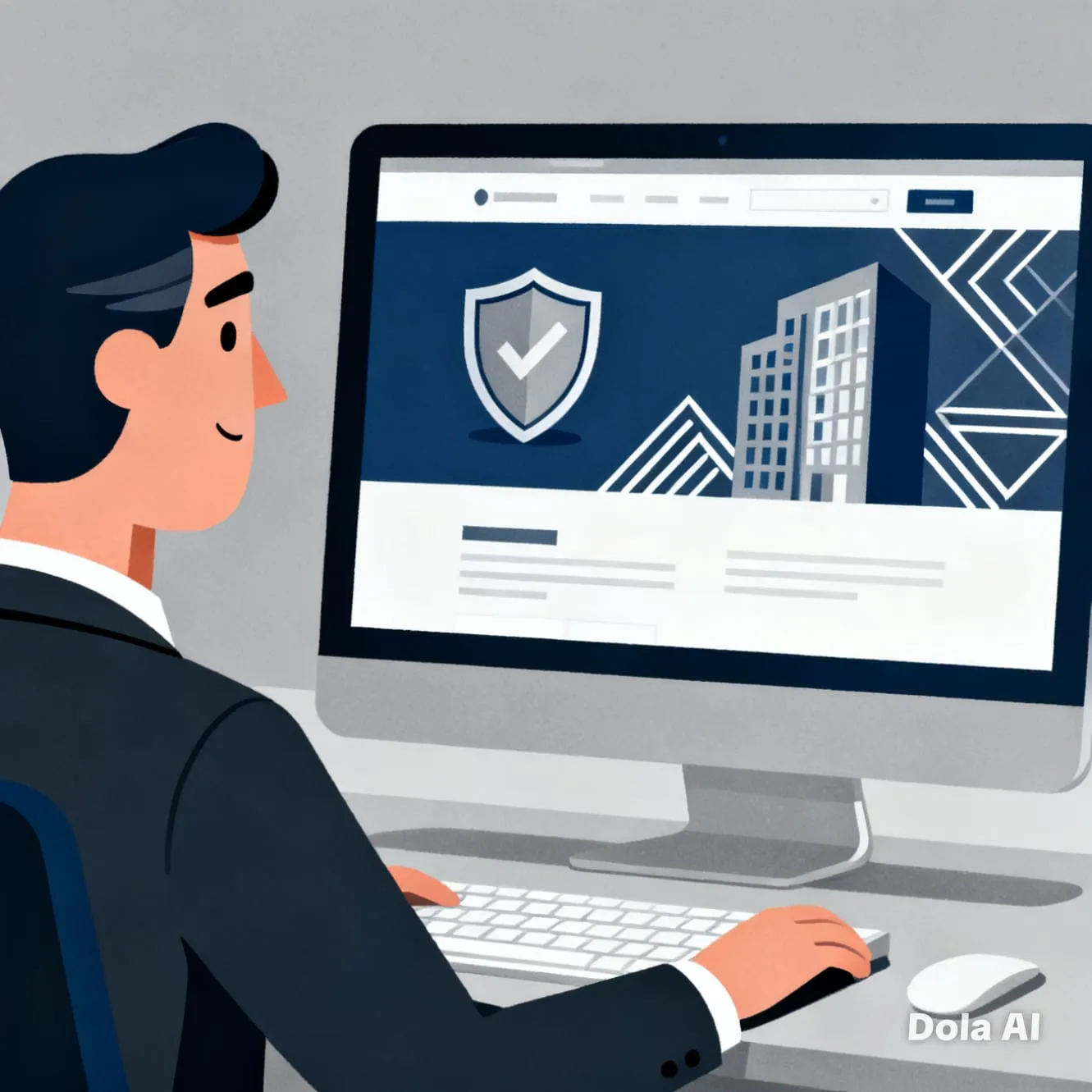 Caricatura de un diseñador web creando un sitio corporativo con un escudo y edificios en la pantalla. Simboliza la creación de una presencia web profesional y confiable para empresas.